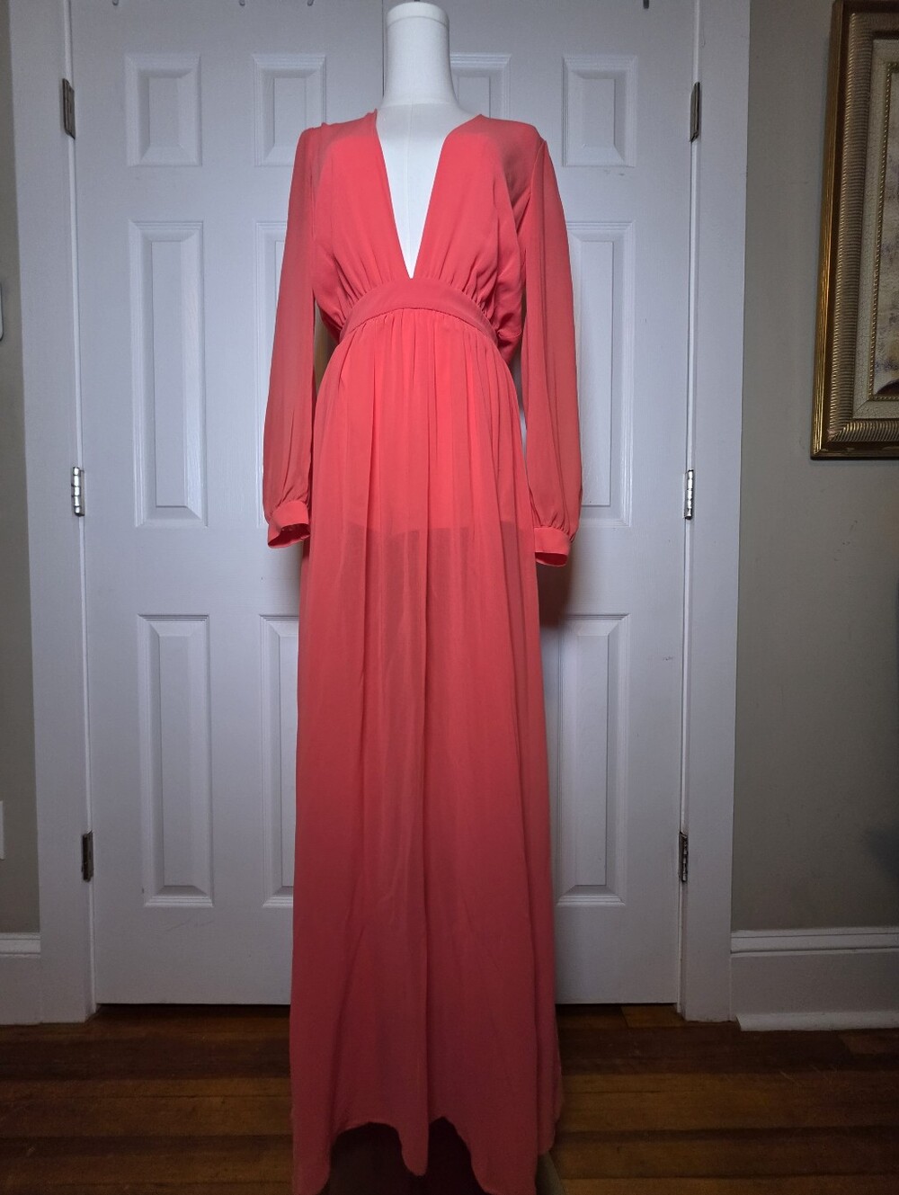 Bebe Women's Coral Long Sleeve Boho Chic Whimsy Maxi V-neck Dress -